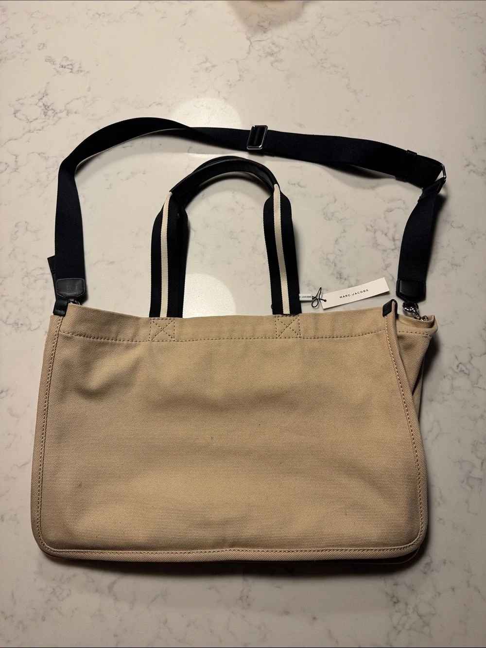 Marc Jacobs Beige Canvas Messenger Tote with Black Straps